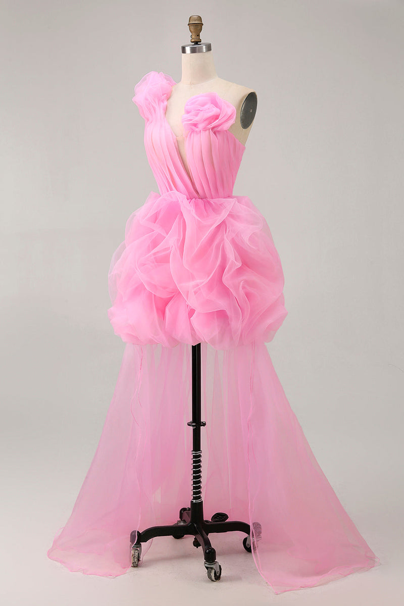 Load image into Gallery viewer, Floral Hot Pink One Shoulder Ruffled Tulle High-Low Prom Dress
