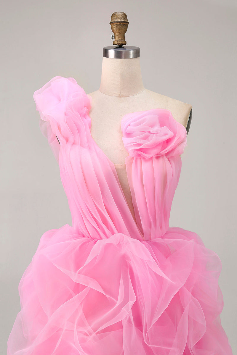 Load image into Gallery viewer, Floral Hot Pink One Shoulder Ruffled Tulle High-Low Prom Dress