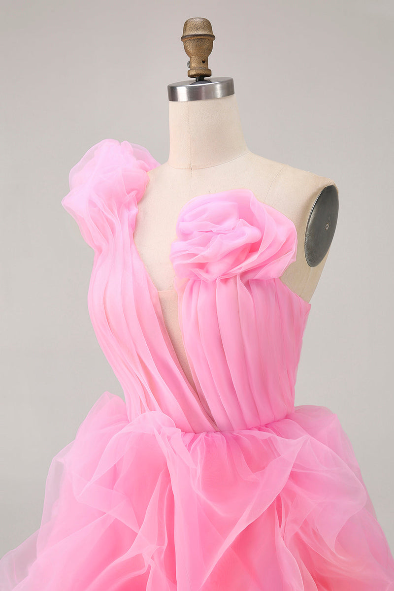 Load image into Gallery viewer, Floral Hot Pink One Shoulder Ruffled Tulle High-Low Prom Dress