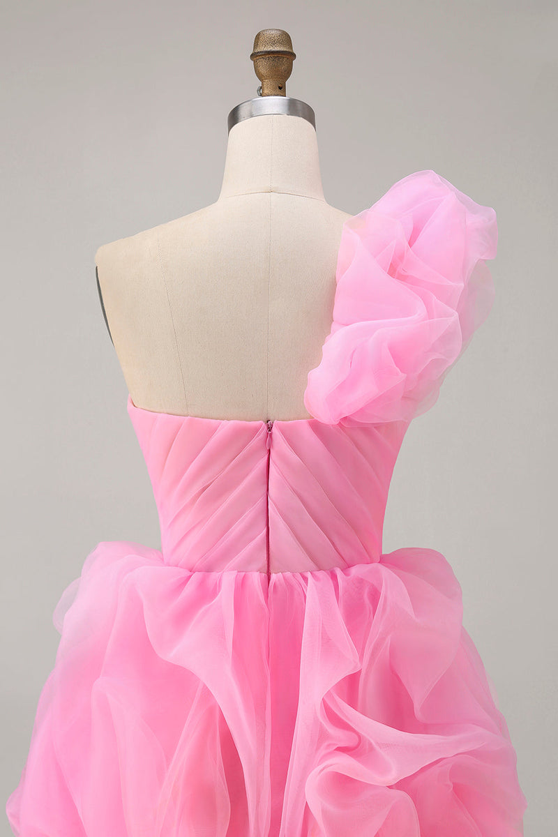Load image into Gallery viewer, Floral Hot Pink One Shoulder Ruffled Tulle High-Low Prom Dress
