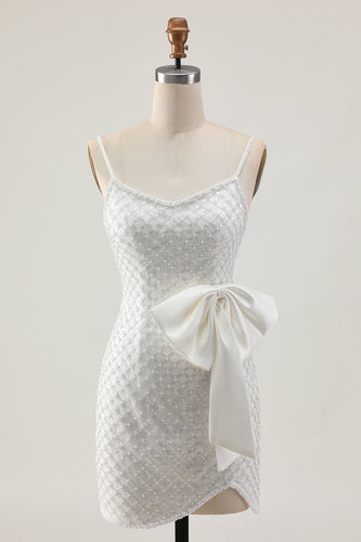 Sparkly White Short Pearls Tight Prom Dress