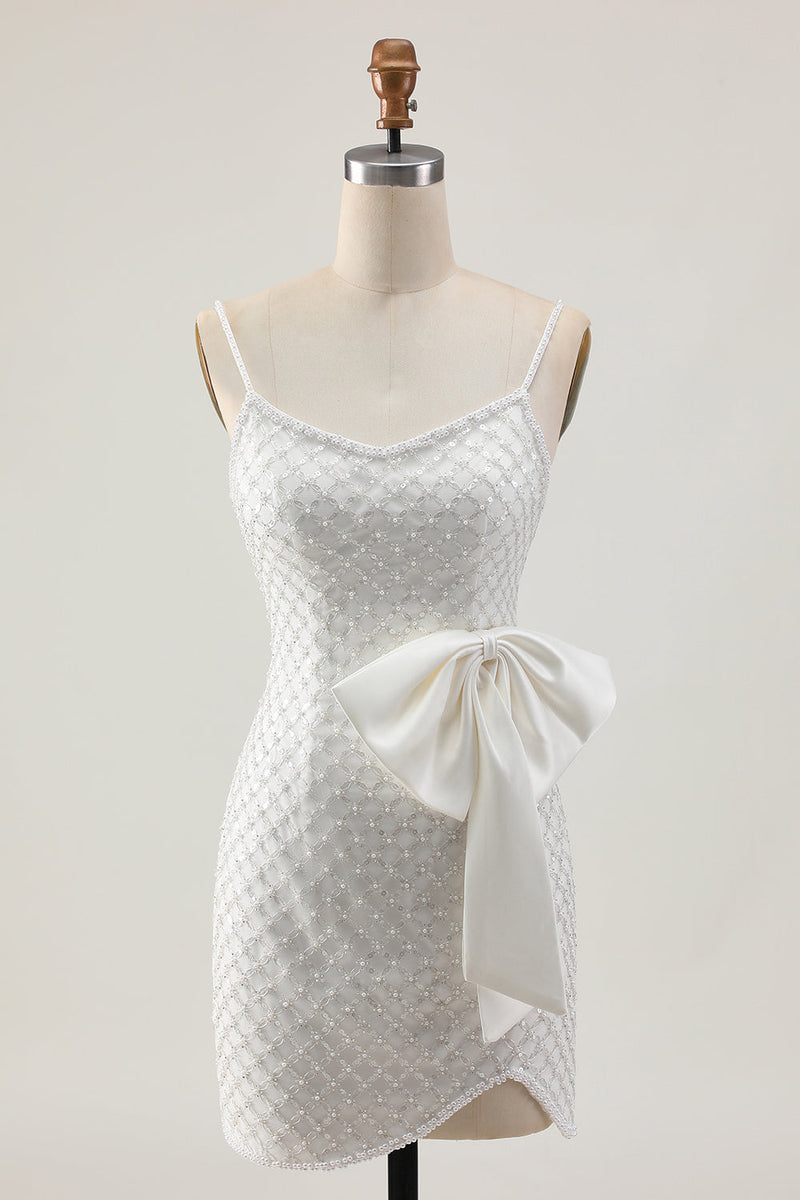 Load image into Gallery viewer, Sparkly White Short Pearls Tight Prom Dress