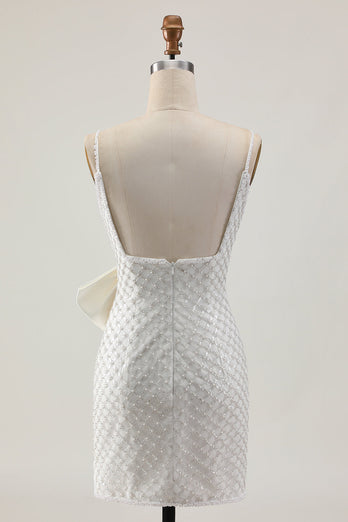 Sparkly White Short Pearls Tight Prom Dress