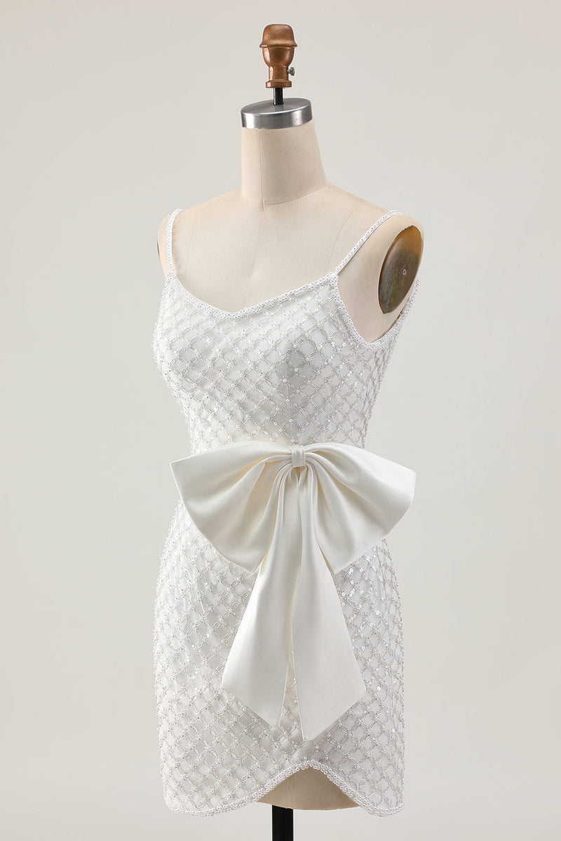 Load image into Gallery viewer, Sparkly White Short Pearls Tight Prom Dress