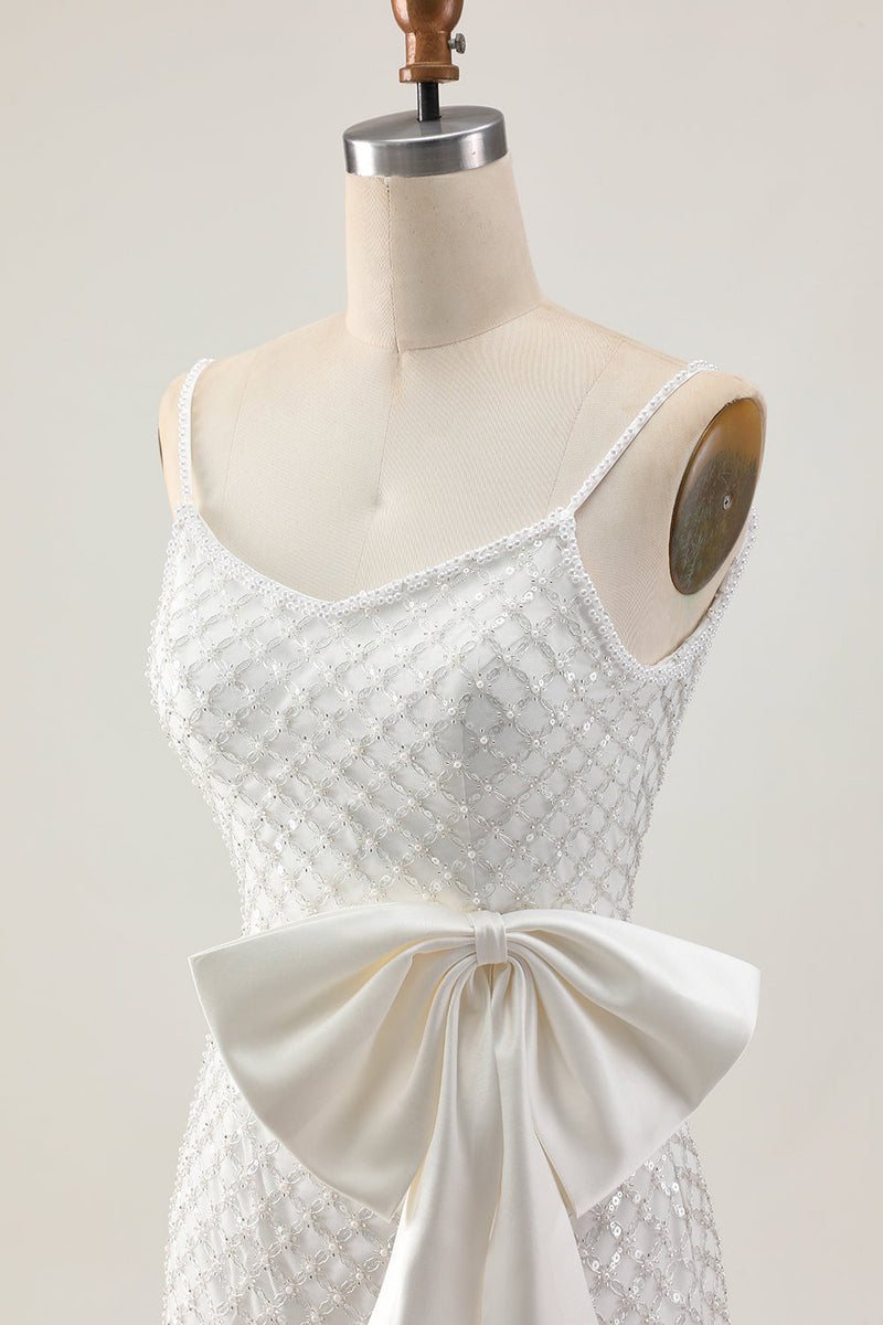 Load image into Gallery viewer, Sparkly White Short Pearls Tight Prom Dress