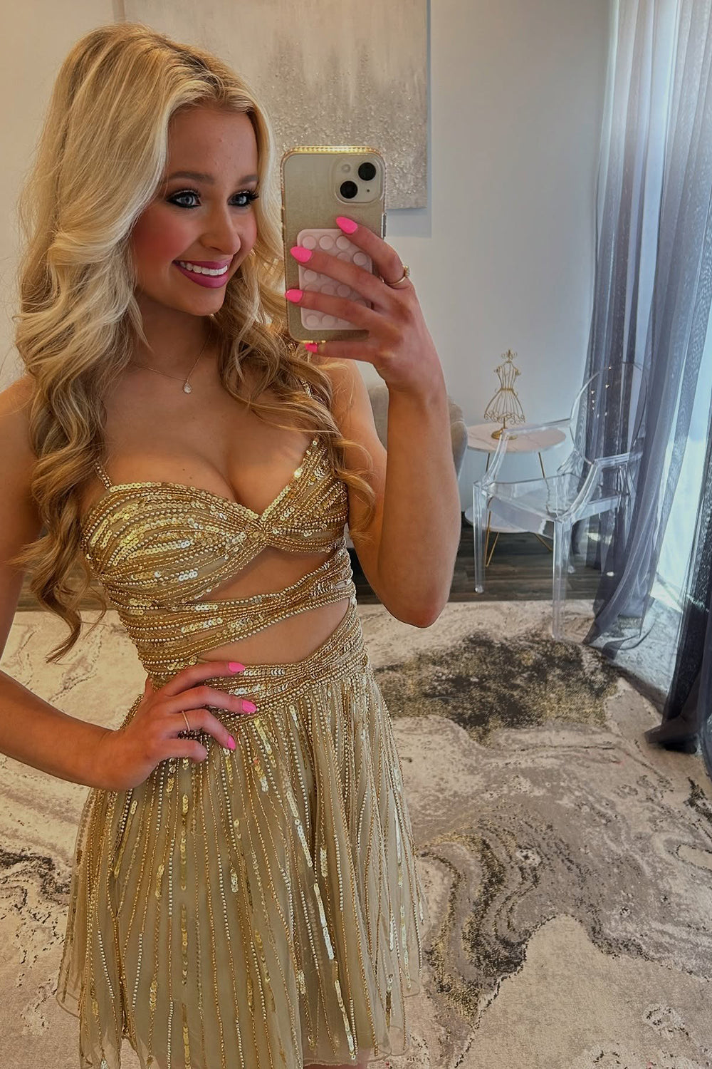 Sparkly Gold Cut Out Beaded Short Prom Dress