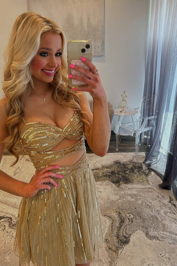 Sparkly Gold Cut Out Beaded Short Prom Dress
