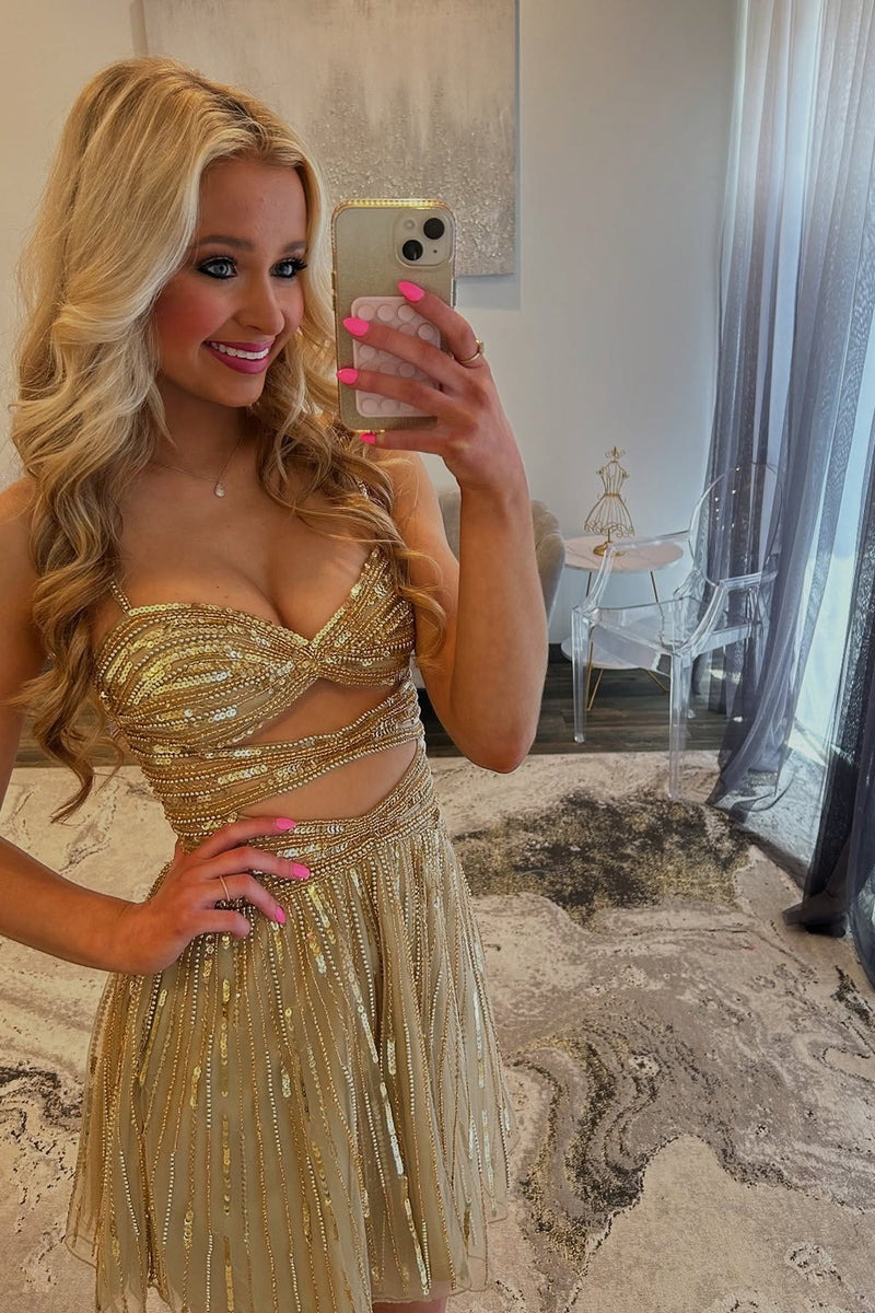 Load image into Gallery viewer, Sparkly Gold Cut Out Beaded Short Prom Dress