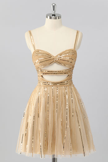 Sparkly Gold Cut Out Short Beaded Prom Dress