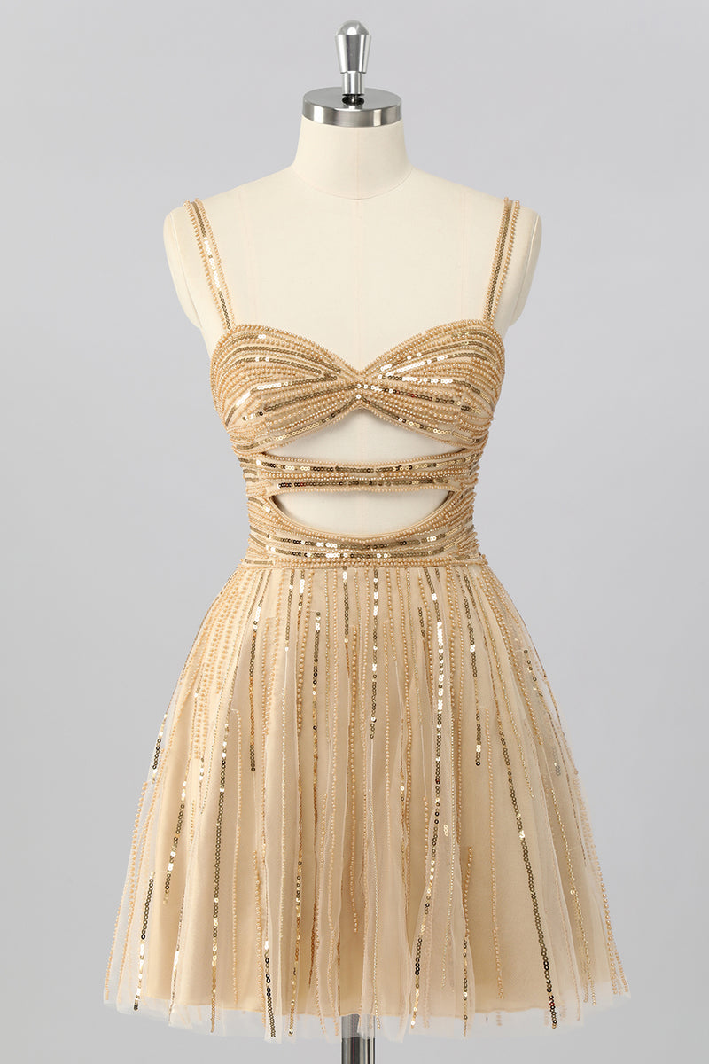 Load image into Gallery viewer, Sparkly Gold Cut Out Short Beaded Prom Dress