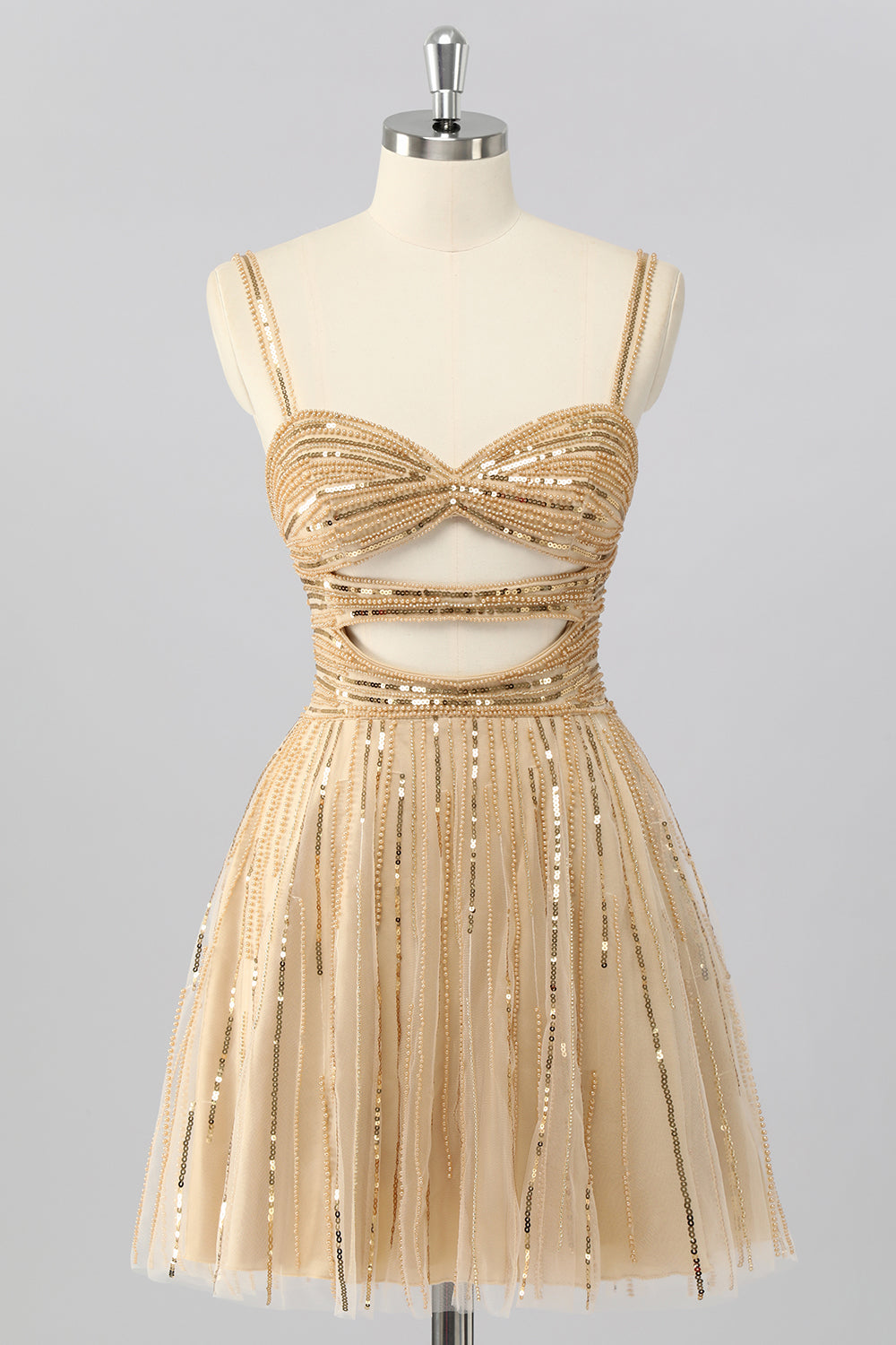 Sparkly Gold Cut Out Short Beaded Prom Dress