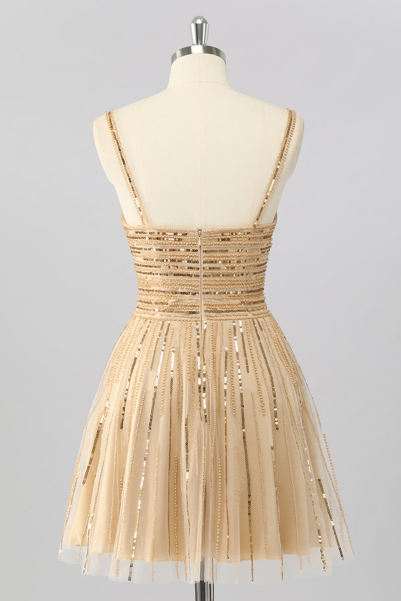 Load image into Gallery viewer, Sparkly Gold Cut Out Short Beaded Prom Dress