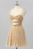 Load image into Gallery viewer, Sparkly Gold Cut Out Short Beaded Prom Dress