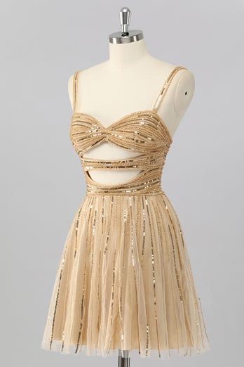 Sparkly Gold Cut Out Short Beaded Prom Dress
