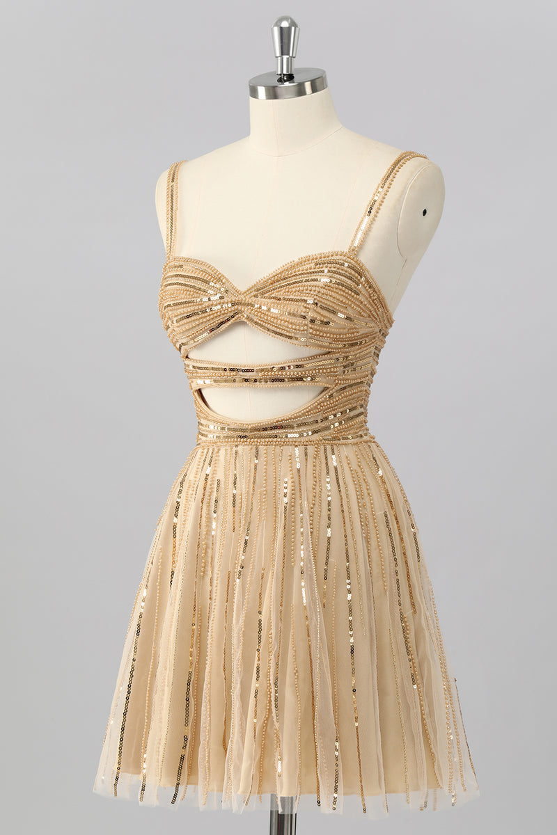 Load image into Gallery viewer, Sparkly Gold Cut Out Short Beaded Prom Dress
