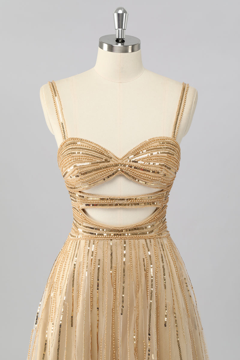 Load image into Gallery viewer, Sparkly Gold Cut Out Short Beaded Prom Dress