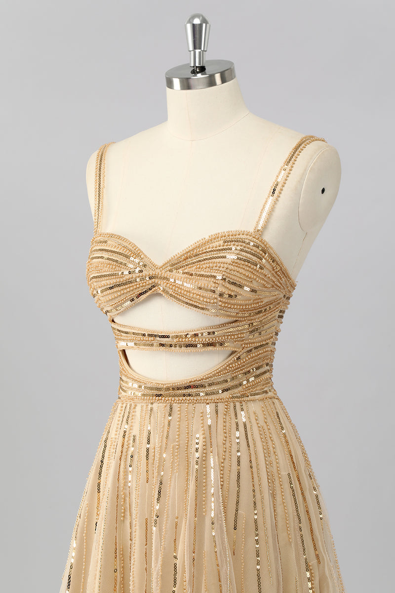 Load image into Gallery viewer, Sparkly Gold Cut Out Short Beaded Prom Dress