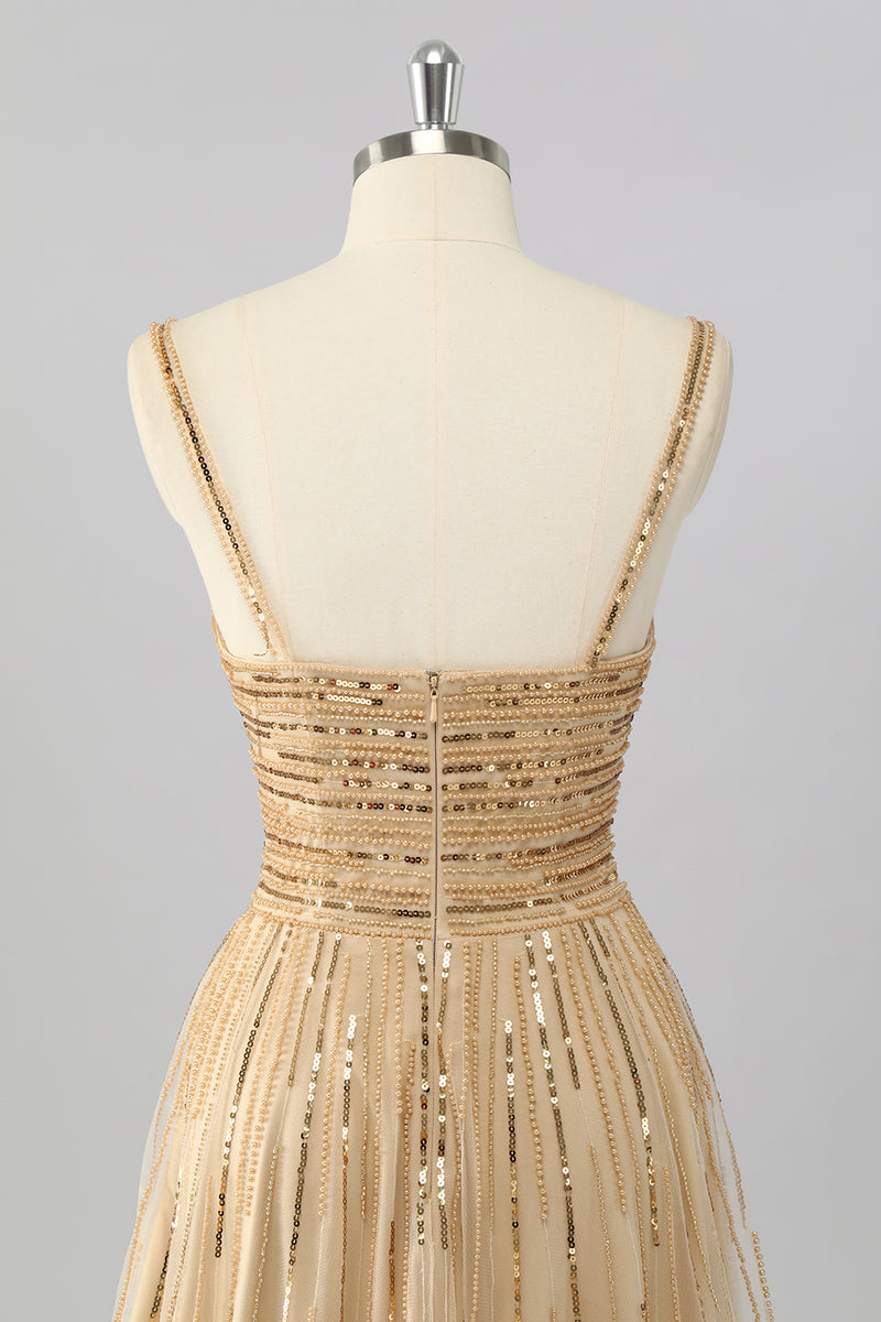 Load image into Gallery viewer, Sparkly Gold Cut Out Short Beaded Prom Dress