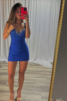Load image into Gallery viewer, Women Sparkly Royal Blue Sequins Short Prom Dress Spaghetti Straps Ruched Tight Cocktail Dress