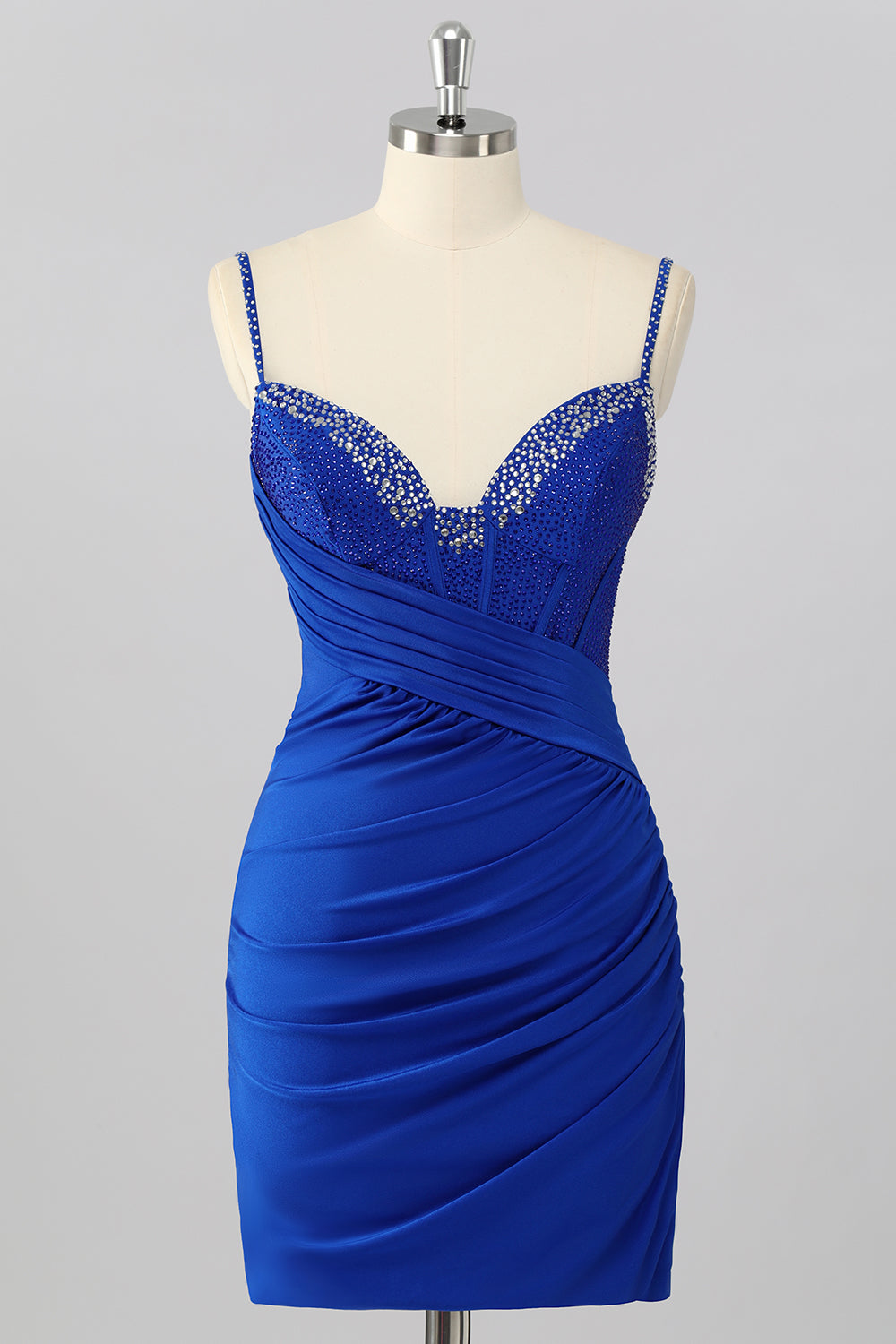 Women Sparkly Royal Blue Sequins Short Prom Dress Spaghetti Straps Ruched Tight Cocktail Dress
