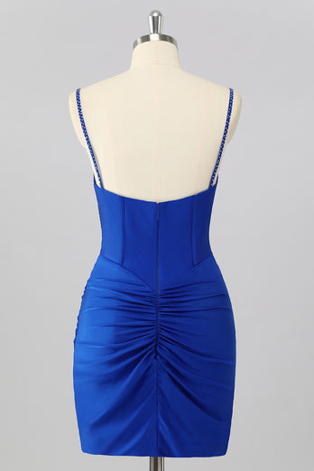 Sparkly Royal Blue V Neck Corset Bodycon Short Prom Dress with Beading