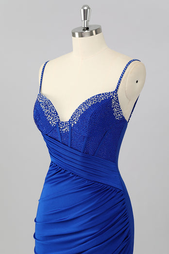 Sparkly Royal Blue V Neck Corset Bodycon Short Prom Dress with Beading