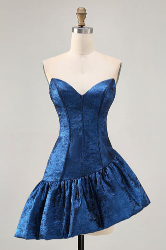 Dark Blue Metallic Strapless Corset Asymmetrical Prom Dress