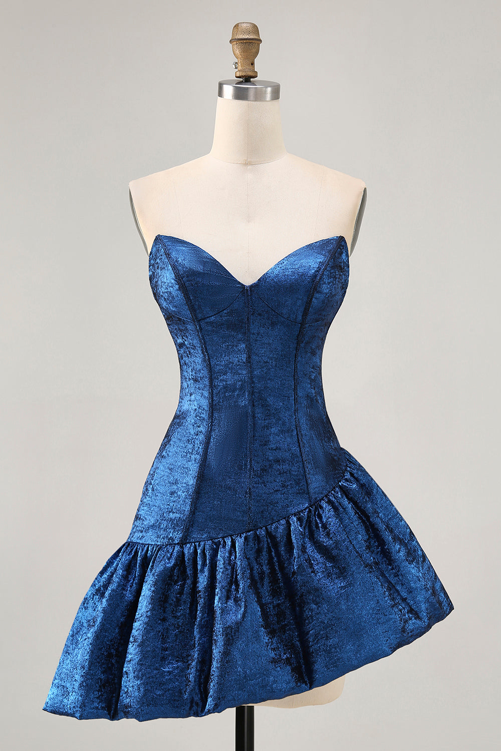 Dark Blue Metallic Strapless Corset Asymmetrical Prom Dress