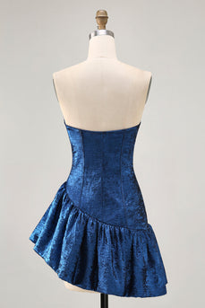Dark Blue Metallic Strapless Corset Asymmetrical Prom Dress