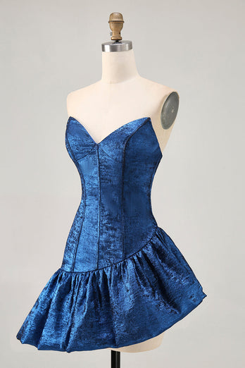 Dark Blue Metallic Strapless Corset Asymmetrical Prom Dress