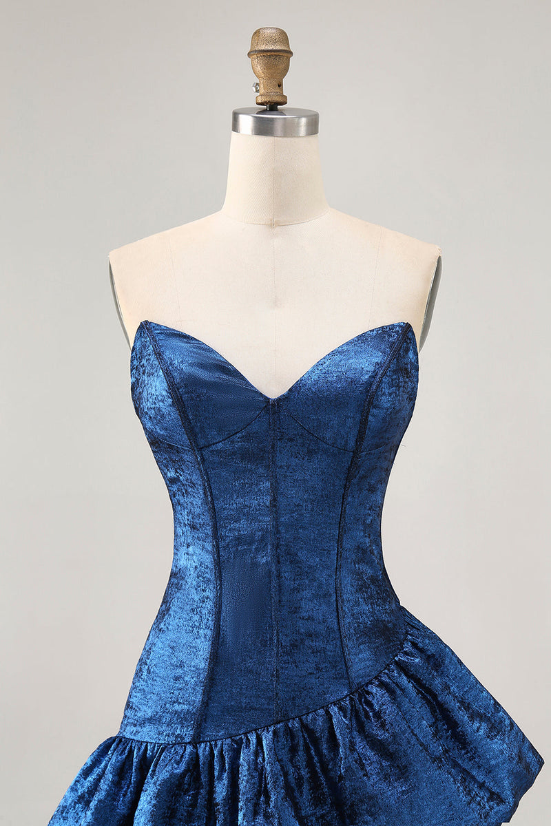 Load image into Gallery viewer, Dark Blue Metallic Strapless Corset Asymmetrical Prom Dress