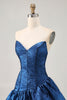 Load image into Gallery viewer, Dark Blue Metallic Strapless Corset Asymmetrical Prom Dress