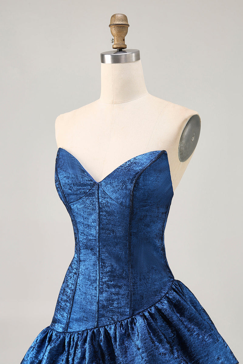 Load image into Gallery viewer, Dark Blue Metallic Strapless Corset Asymmetrical Prom Dress
