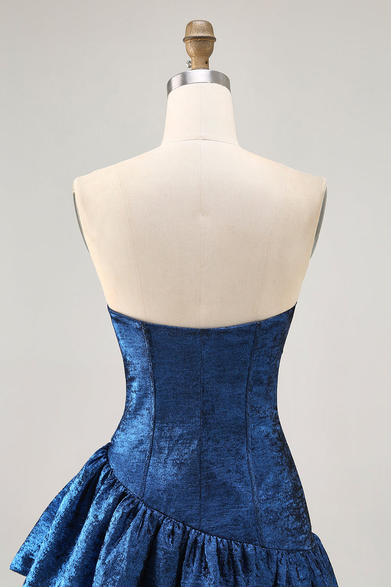 Load image into Gallery viewer, Dark Blue Metallic Strapless Corset Asymmetrical Prom Dress