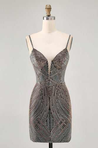 Sparkly Black Backless Tight Short Prom Dress with Beading