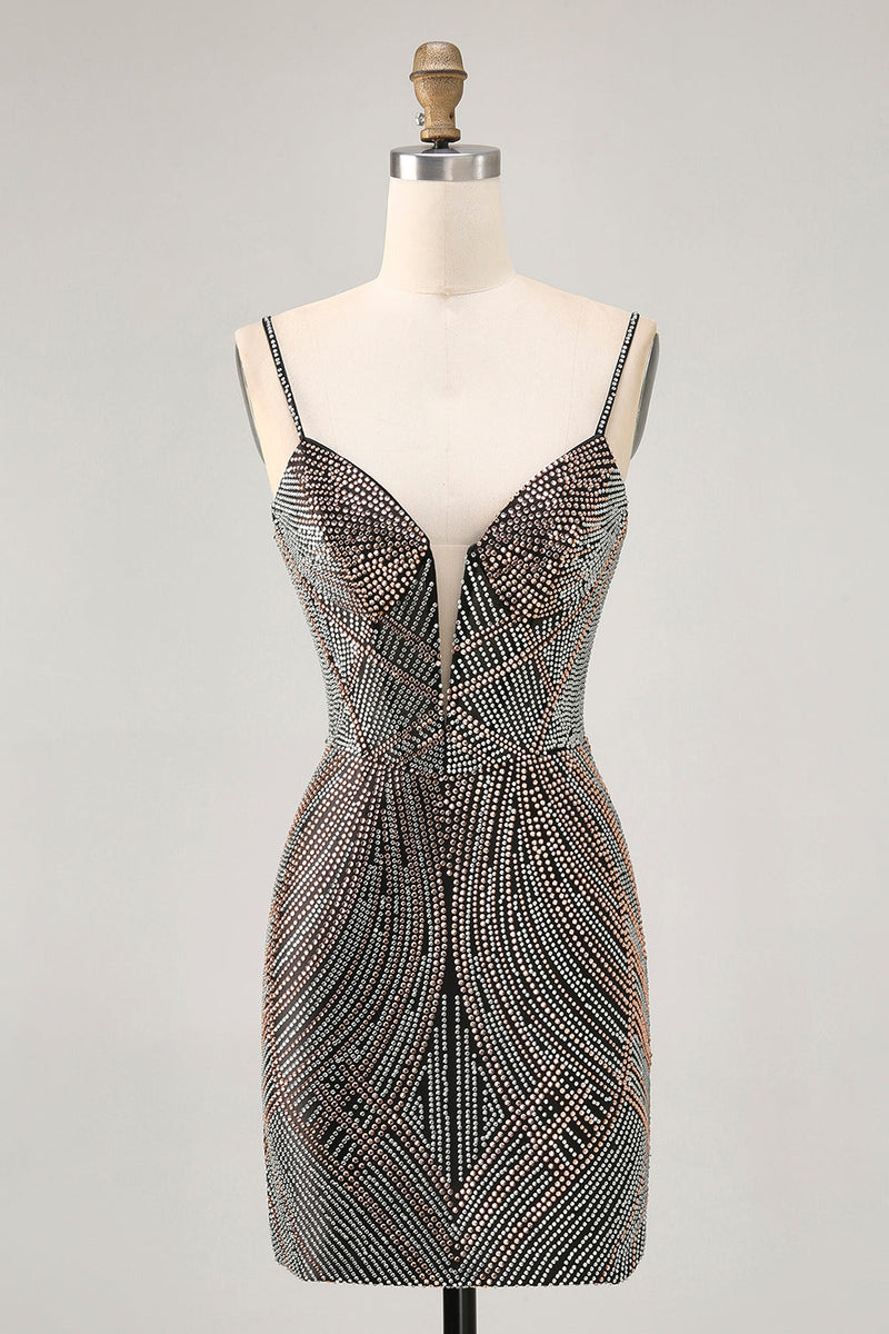 Load image into Gallery viewer, Sparkly Black Backless Tight Short Prom Dress with Beading