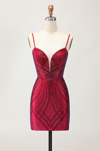 Sparkly Burgundy Backless Short Tight Prom Dress with Beading