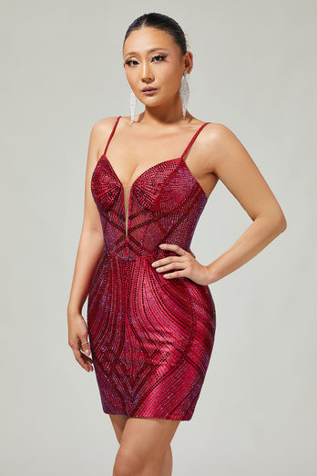 Sparkly Burgundy Backless Short Tight Prom Dress with Beading