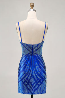 Sparkly Royal Blue Short Backless Tight Prom Dress with Beading