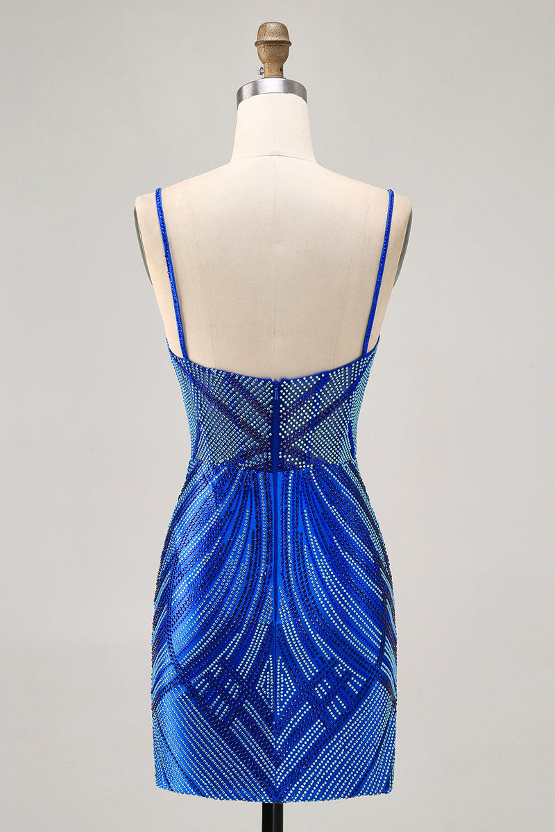 Load image into Gallery viewer, Sparkly Royal Blue Short Backless Tight Prom Dress with Beading
