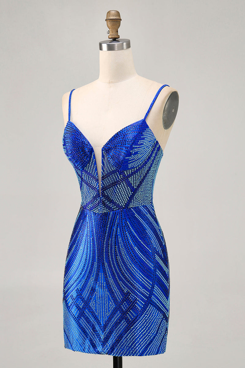 Load image into Gallery viewer, Sparkly Royal Blue Short Backless Tight Prom Dress with Beading