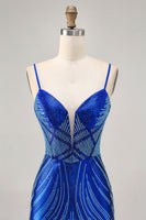Load image into Gallery viewer, Sparkly Royal Blue Short Backless Tight Prom Dress with Beading