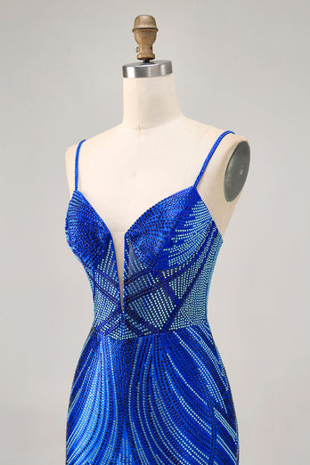 Sparkly Royal Blue Short Backless Tight Prom Dress with Beading