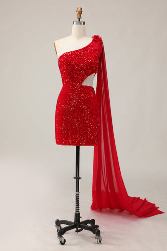 Sparkly Red Short One Shoulder Prom Dress with 3D Flowers