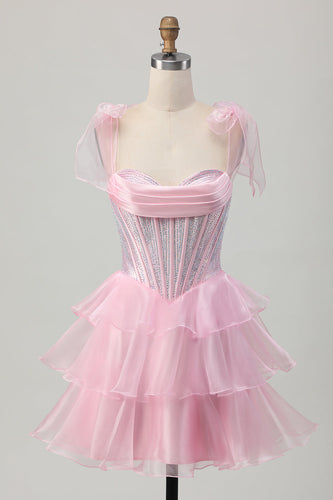 Sparkly Pink Tiered Corset Ruched Short Prom Dress with Beading