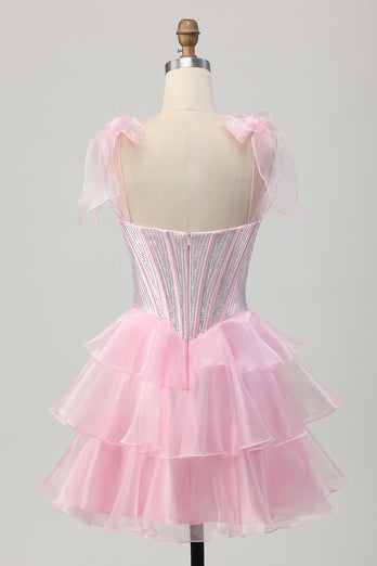 Sparkly Pink Tiered Corset Ruched Short Prom Dress with Beading