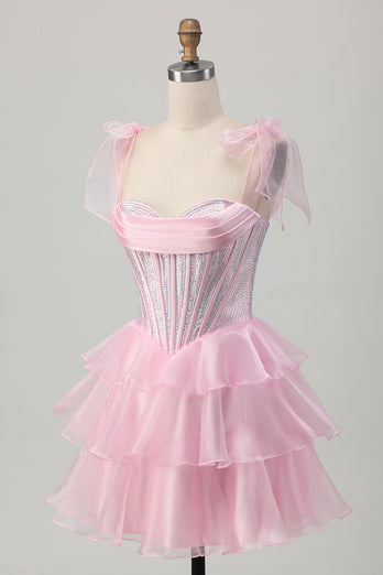 Sparkly Pink Tiered Corset Ruched Short Prom Dress with Beading