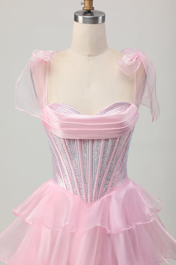 Sparkly Pink Tiered Corset Ruched Short Prom Dress with Beading