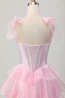 Load image into Gallery viewer, Sparkly Pink Tiered Corset Ruched Short Prom Dress with Beading