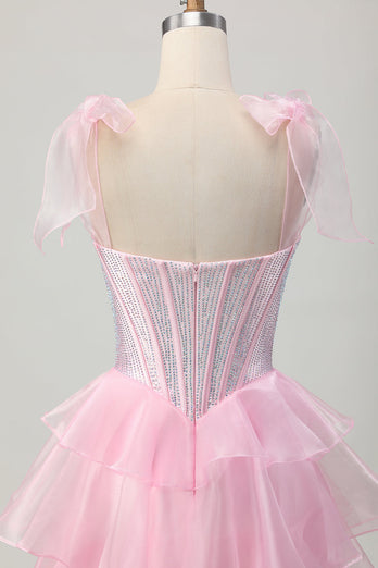 Sparkly Pink Tiered Corset Ruched Short Prom Dress with Beading